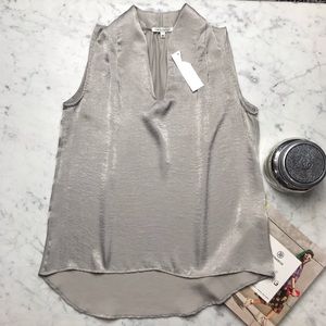 NWT Stone Grey Sleeveless V Neck Henley Blouse Top